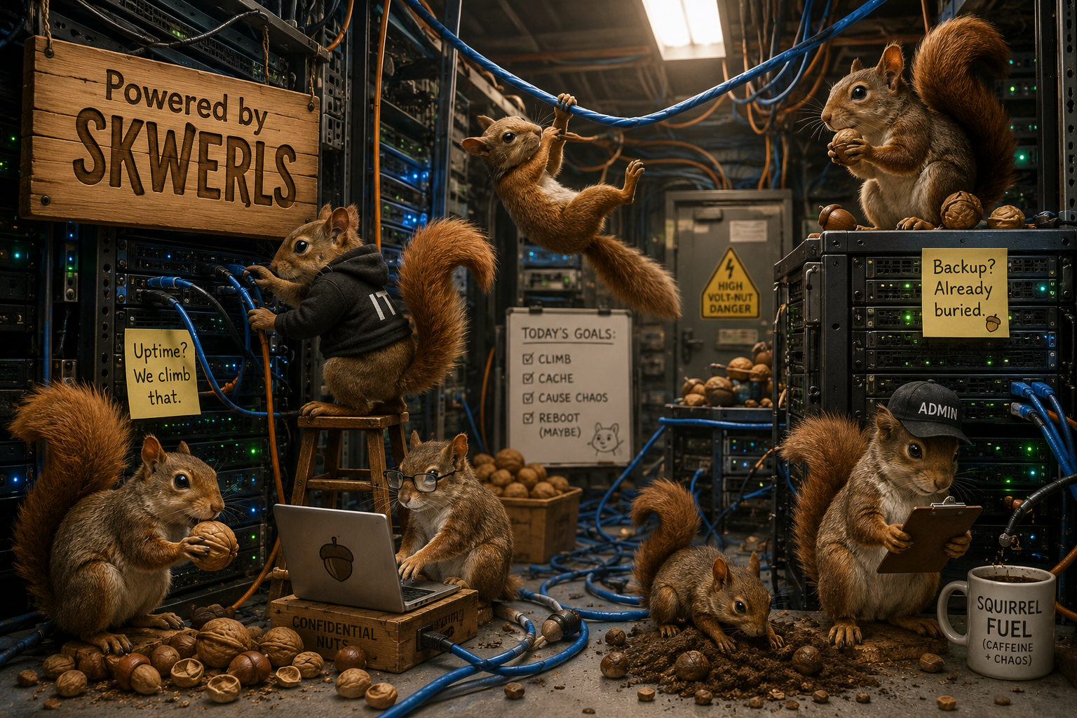 Powered by Skwerls — eekhoorns aan het werk in een serverruimte